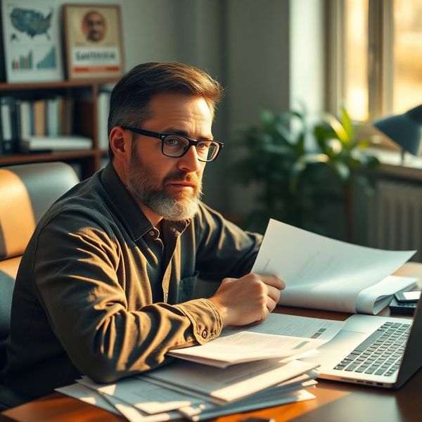 Portret al unui economist la birou, înconjurat de rapoarte tipărite