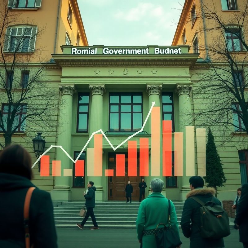 Fațadă de clădire guvernamentală românească cu grafic bugetar suprapus